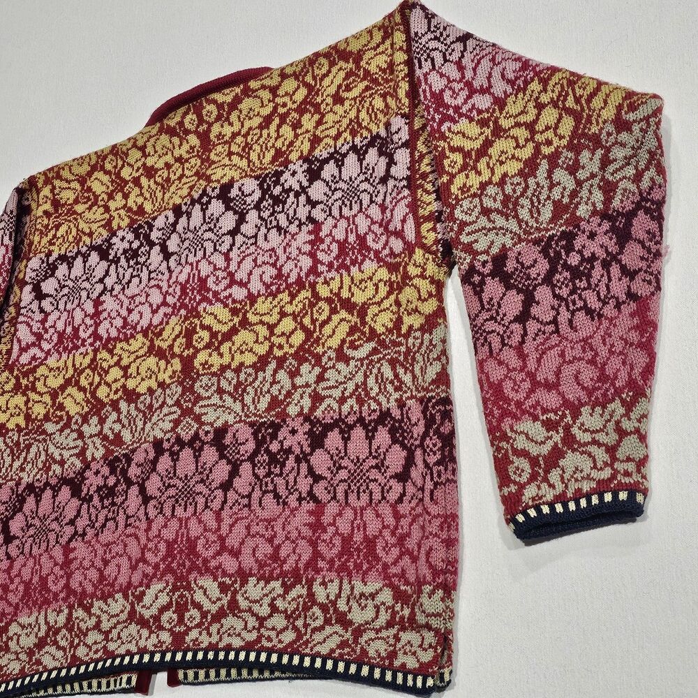 OLEANA Multicolor Floral 100% Pure New Wool Long Sleeve Cardigan Sweater Size L - Picture 8 of 14